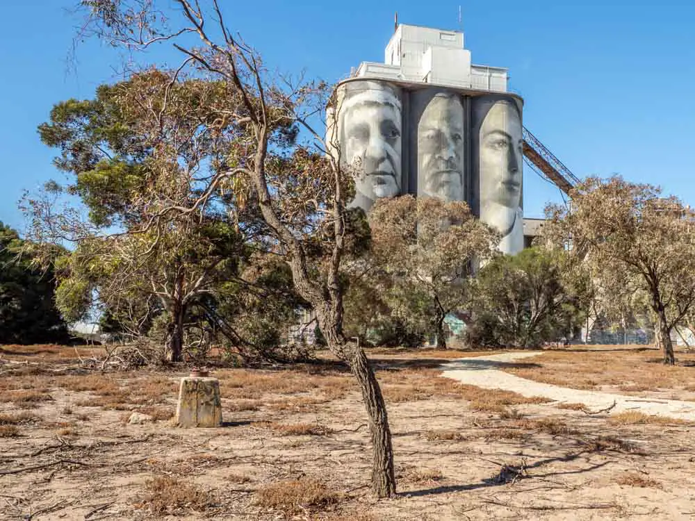 Rone silo mural in Geelong. Painting of people on a grain silo