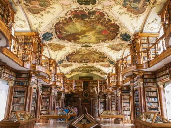 Switzerland Abbey Library of Saint Gall in Gallen. Decorative ceiling and bookshelves