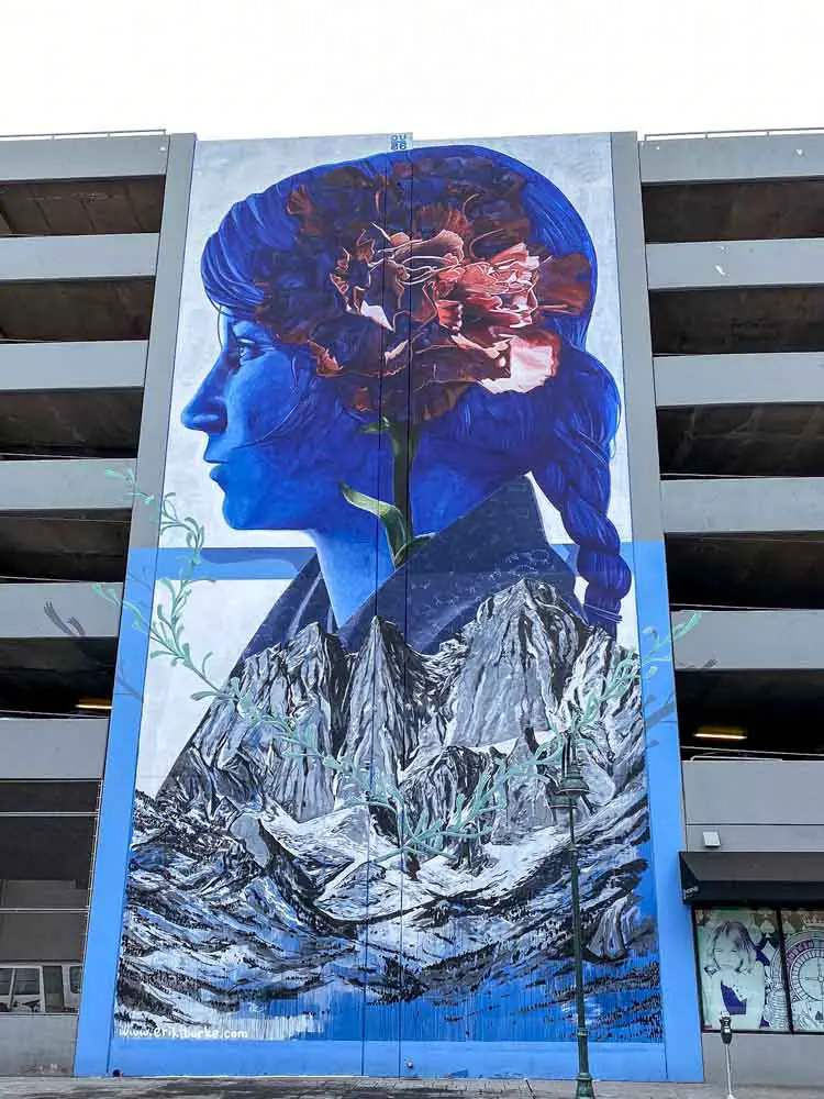 Reno downtown mural by Eric Burke. Blue woman