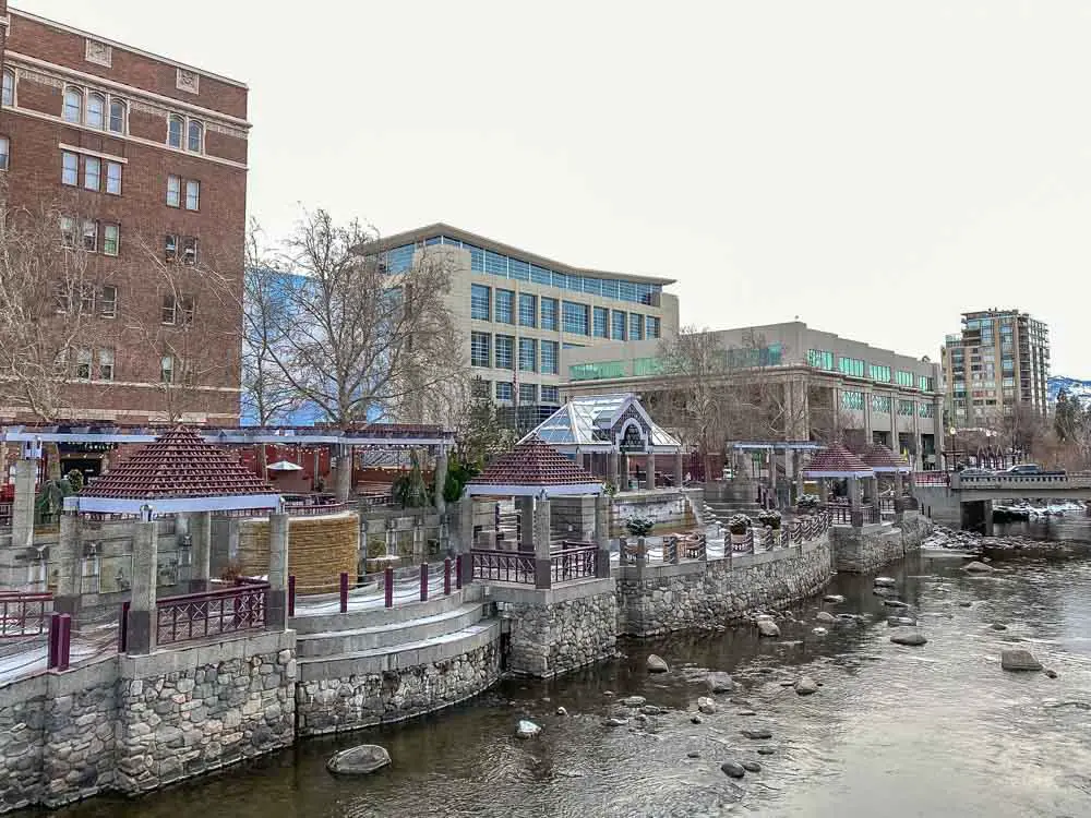 Reno Nevada Riverwalk District in winter. River and buildings with snow